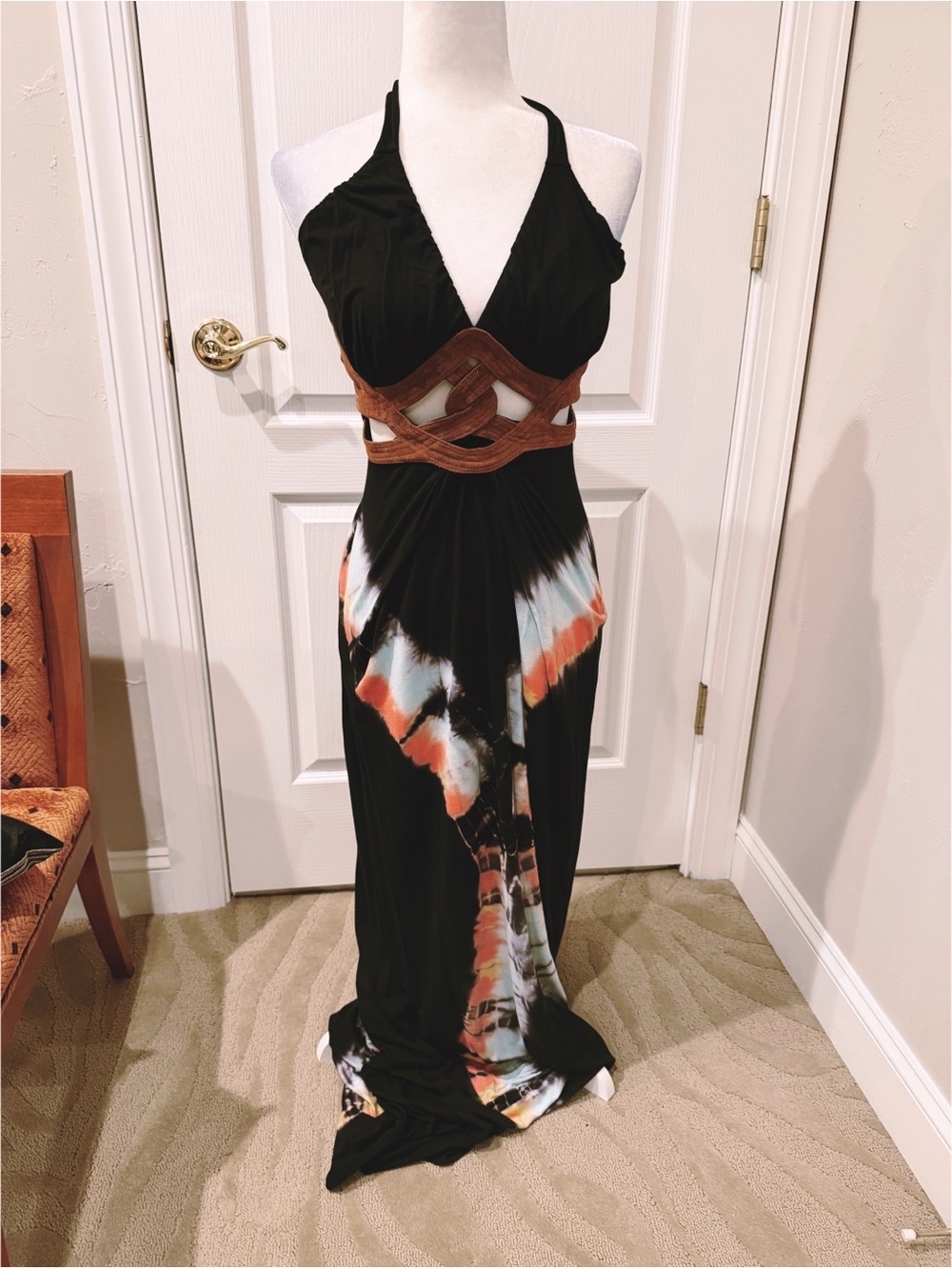 NWT Sky Navy Halter Maxi Dress with Tie-Dye Accents and Suede Cut Outs